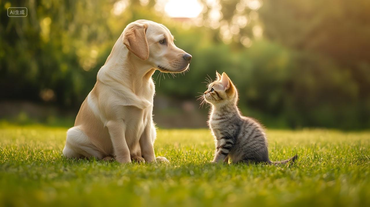 小狗与小猫在户外草地上互动的温馨宠物摄影图