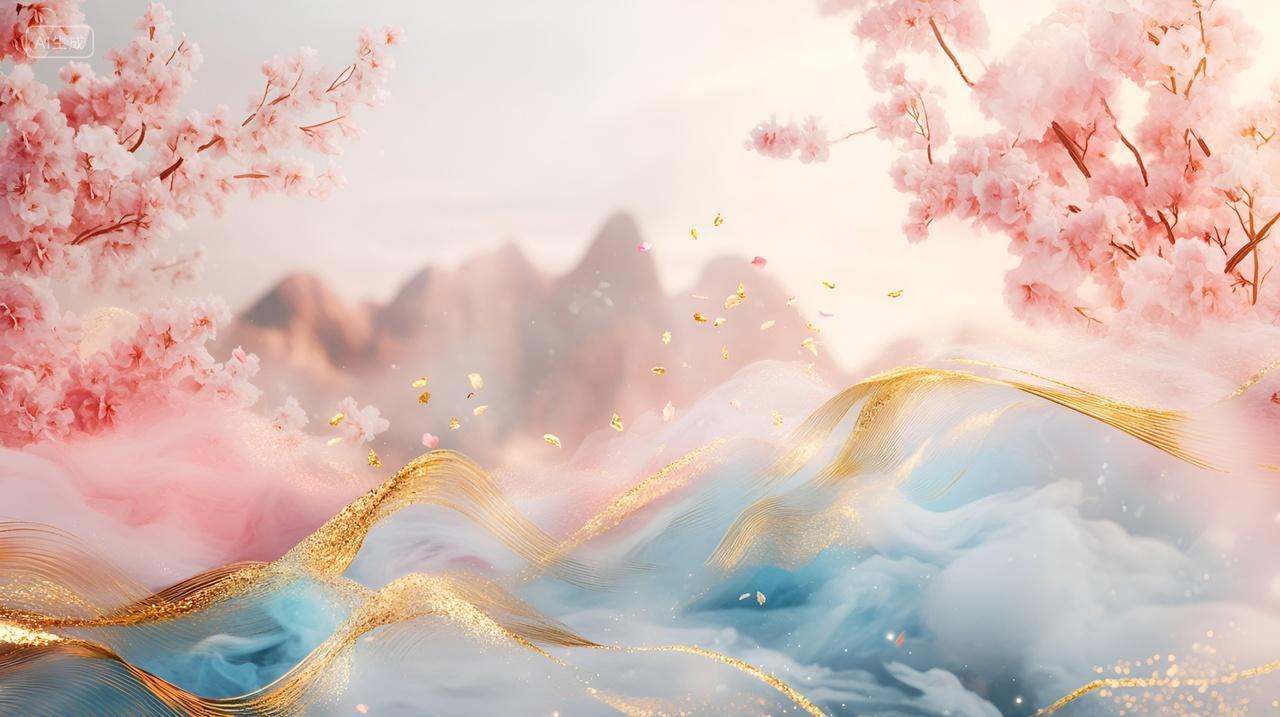 粉色中国山水画