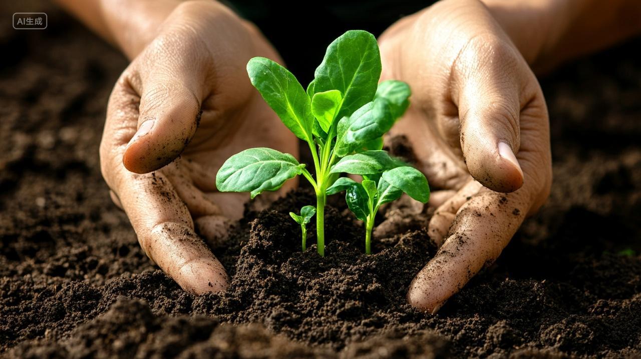 双手捧起泥土里的嫩芽