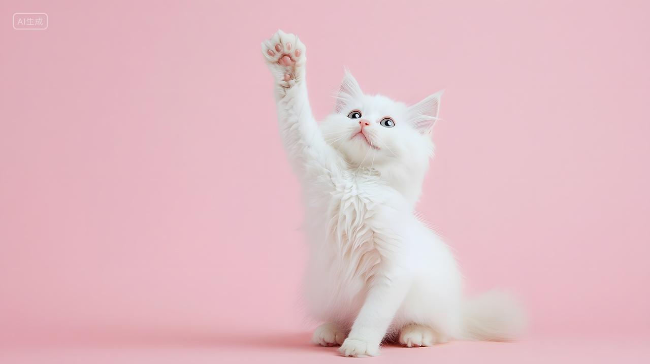 白色小猫在粉色背景下举起爪子的可爱宠物摄影图