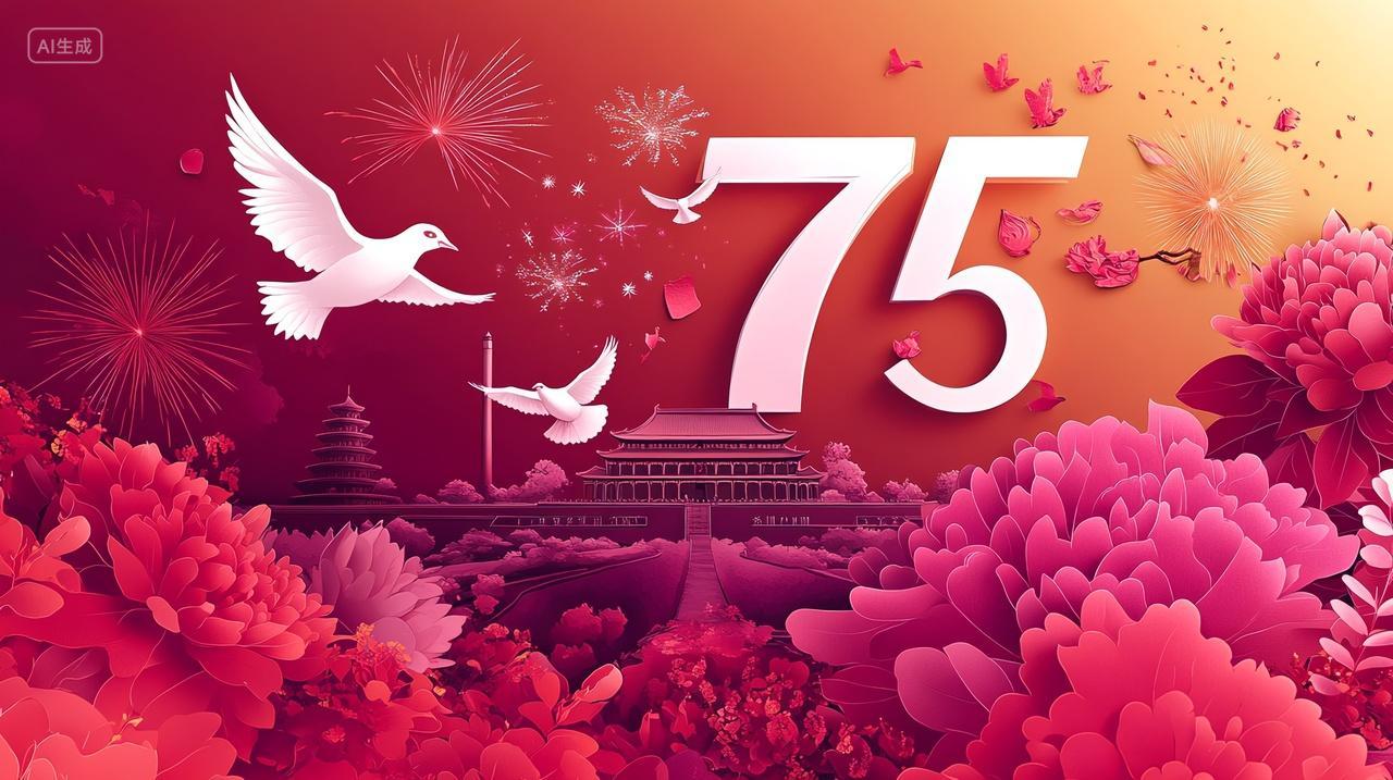 新中国成立75周年牡丹花上飞翔的白鸽北京地标建筑插画