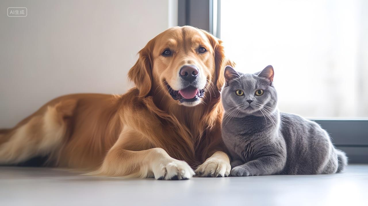 金毛犬与猫咪在室内并排躺着的温馨宠物摄影图