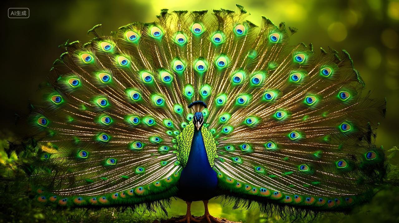 阳光照耀下的孔雀开屏自然环境中的绚丽展示