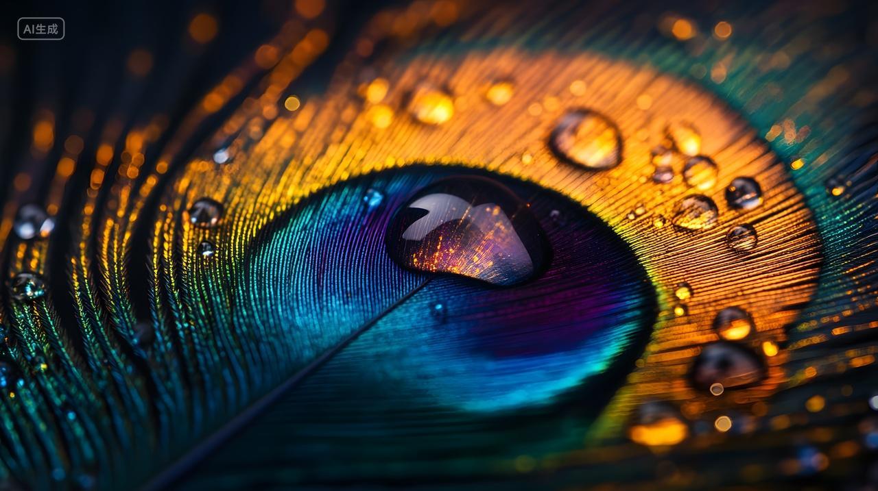 孔雀羽毛特写水滴映射下的自然纹理