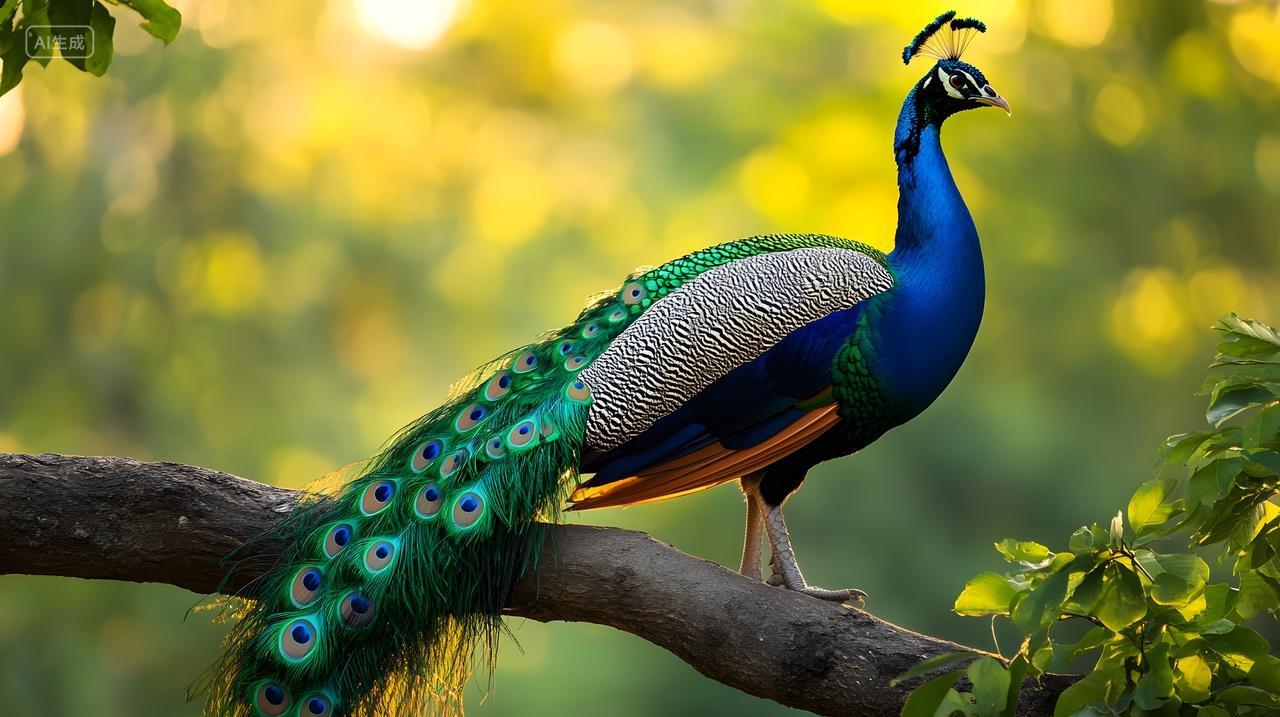 日落时分树枝上的印度蓝孔雀野生动物摄影