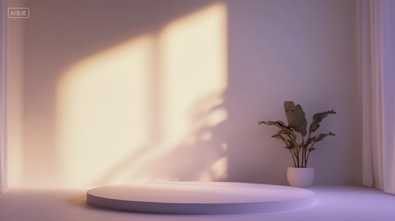 淡粉色空间中盆栽展示台展厅展台电商场景