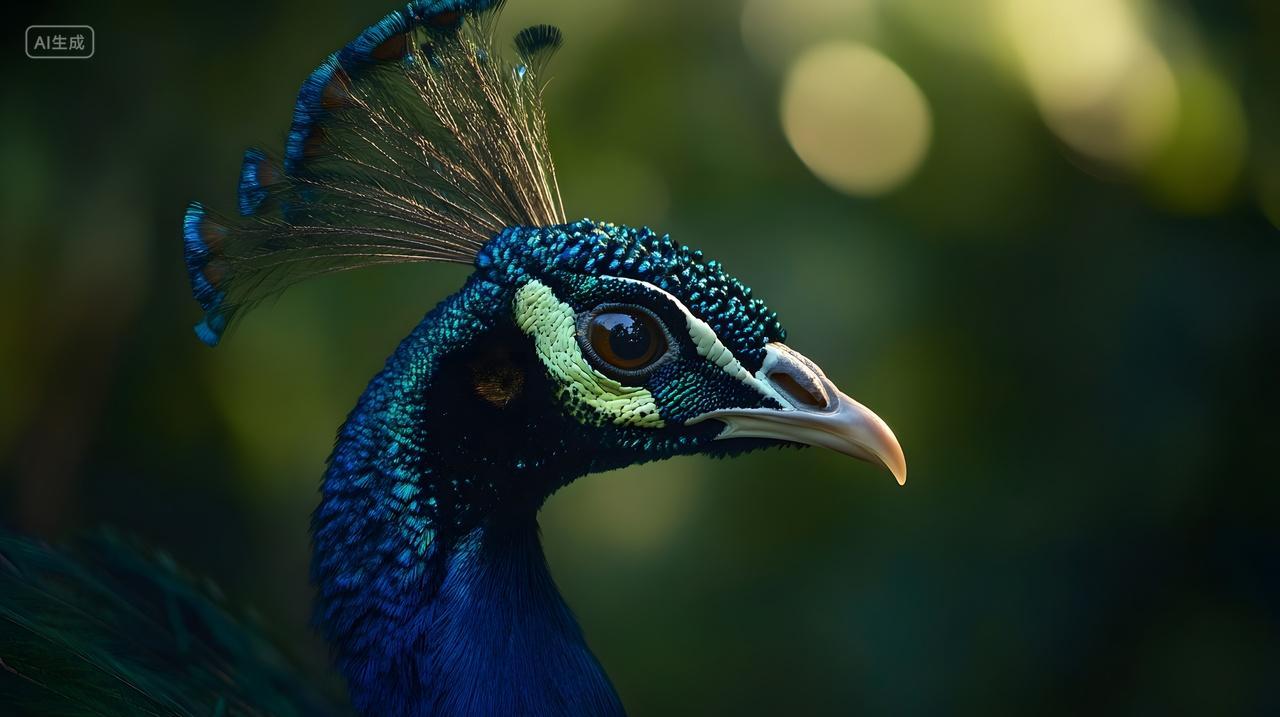 印度孔雀头部特写清晨光线下的野生动物