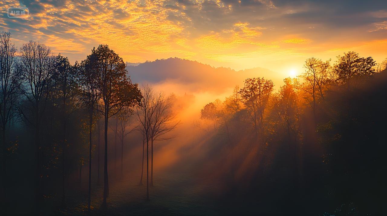 晨曦中的森林清晨树林云海雾气夕阳阳光自然