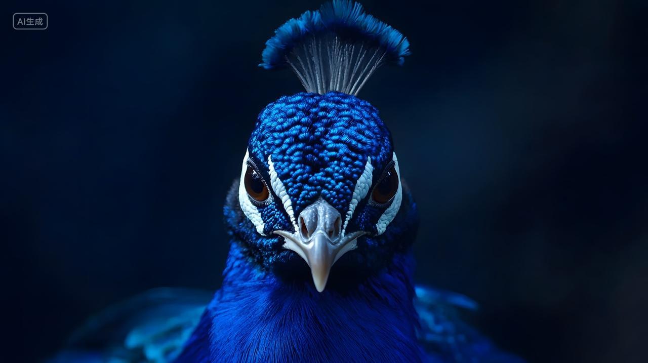 蓝孔雀正面特写夜间光线下的野生动物肖像