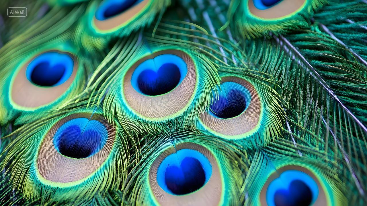 孔雀羽毛纹理特写绿色与蓝色的自然艺术