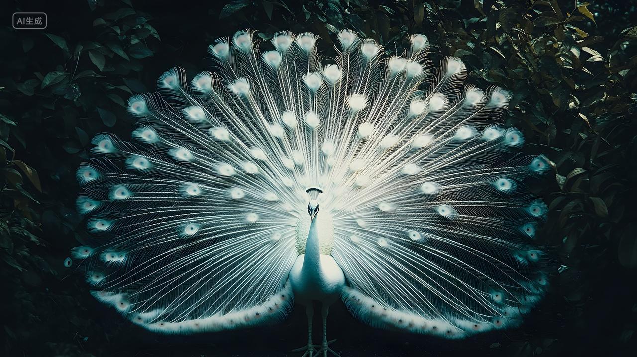 白色孔雀开屏夜晚光影中的优雅姿态