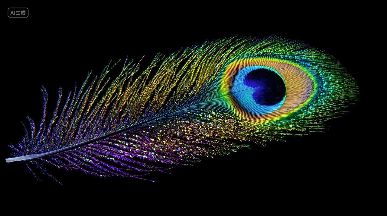 单根孔雀羽毛特写黑色背景下的自然色彩