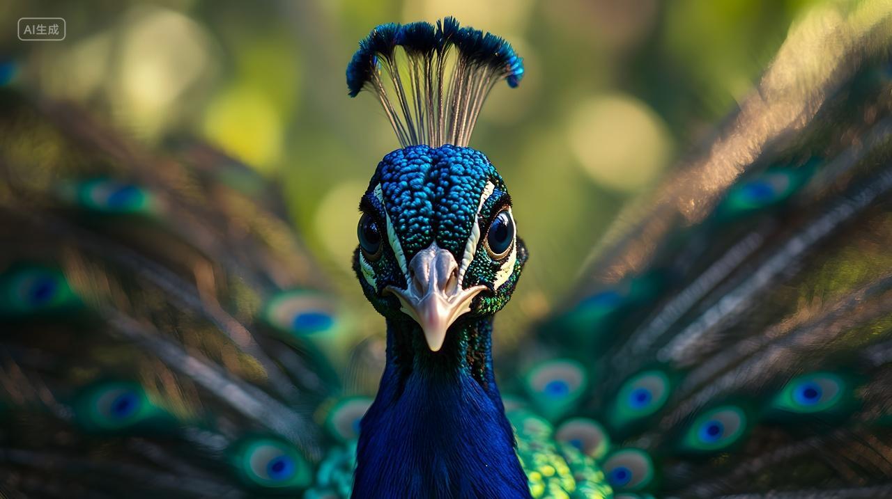 孔雀正面特写开屏中的野生动物肖像摄影