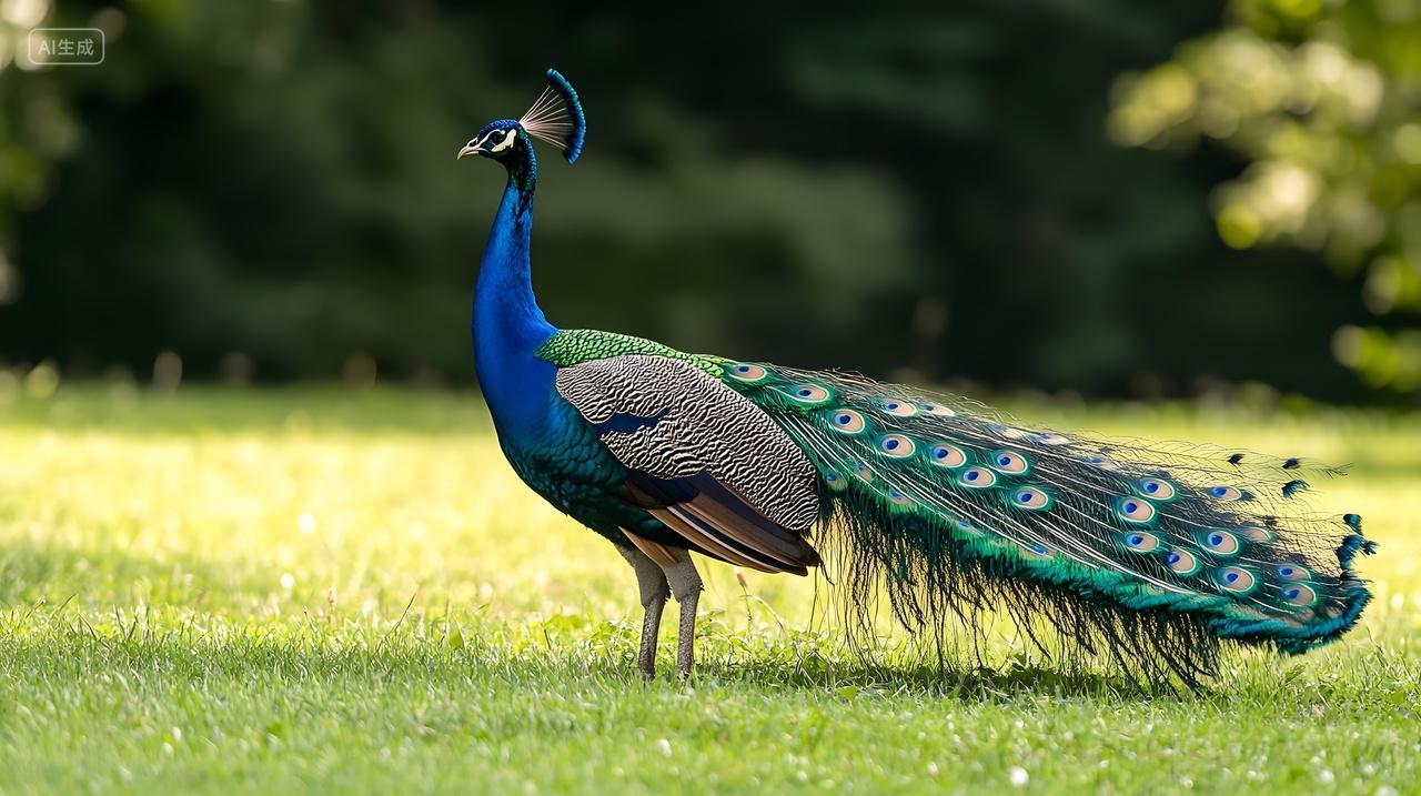 草地上的印度蓝孔雀自然环境中的野生动物摄影