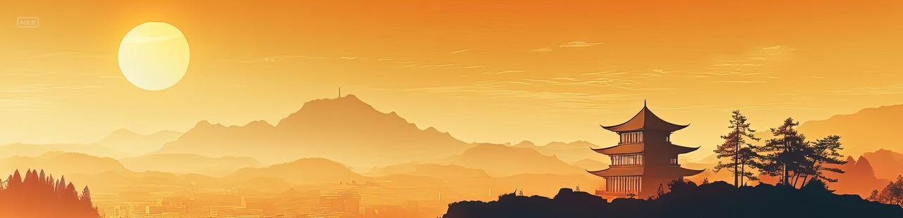 山上有一座塔夕阳山河背景