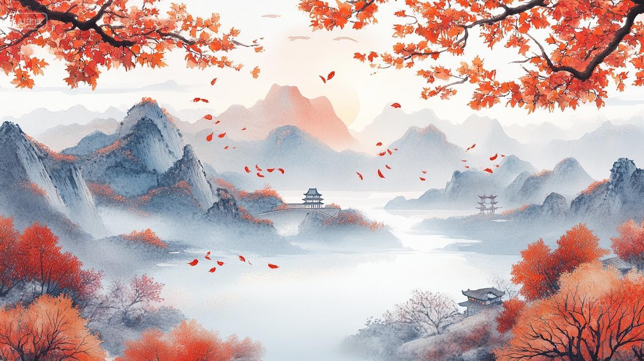 国风秋天山水墨画风景背景