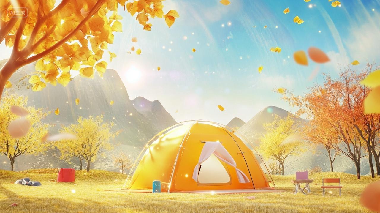 3d立体金秋户外秋游旅行露营场景