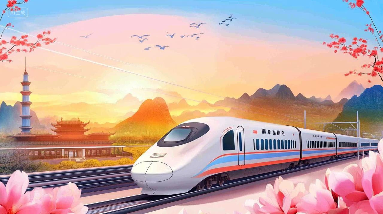 高铁山水国潮3d立体国庆节春节