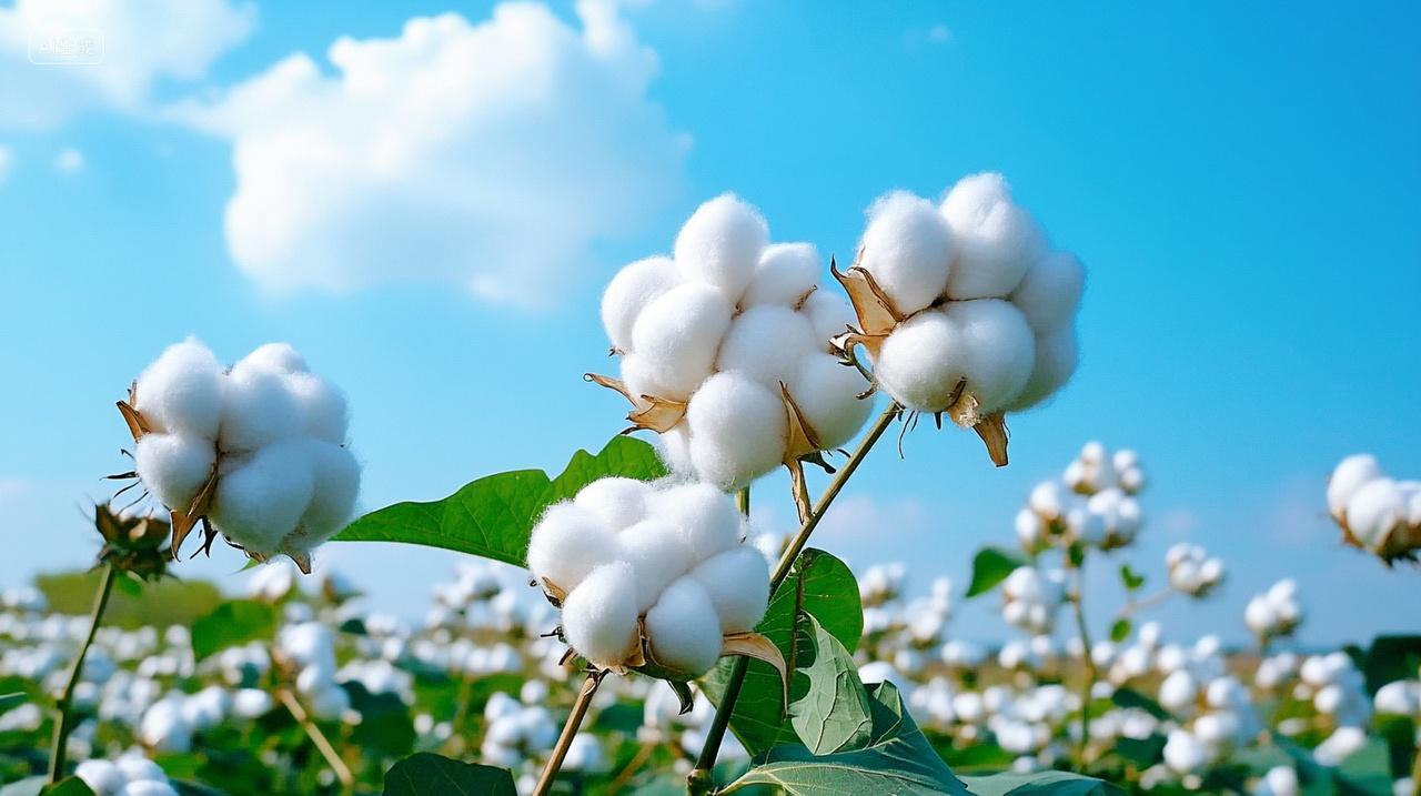 蓝天下的白色成熟棉花摄影图