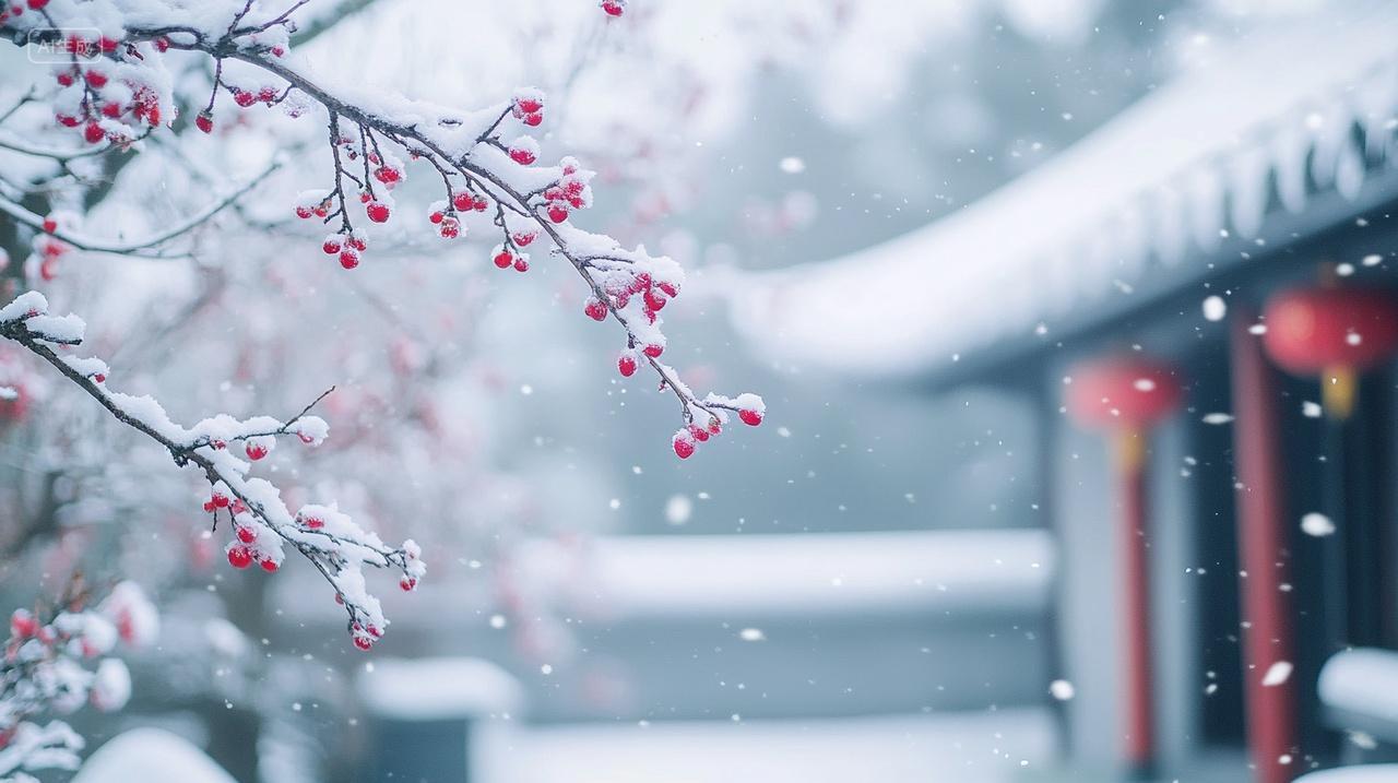 冬季雪景梅花古建筑梅树简约优雅静谧梦幻霜降大雪立冬至冬天插画