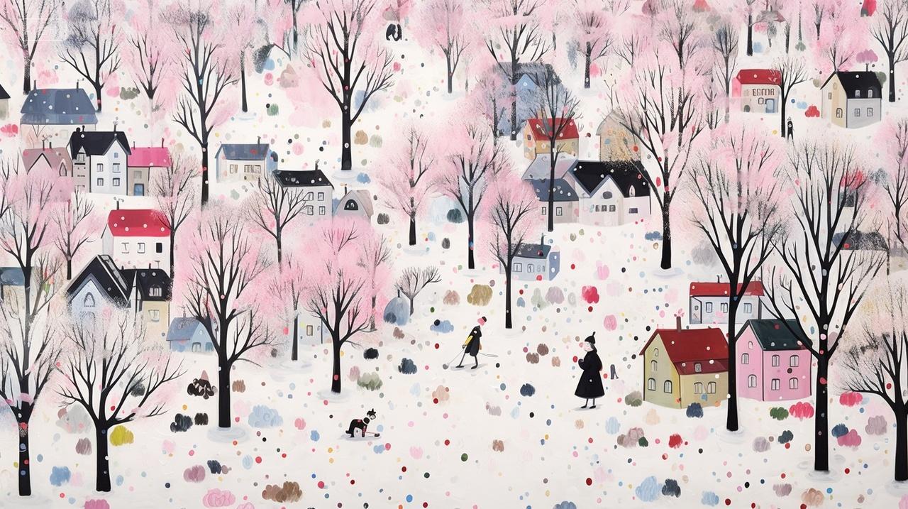 世外桃源的村子桃花树温馨宁静渐变插画