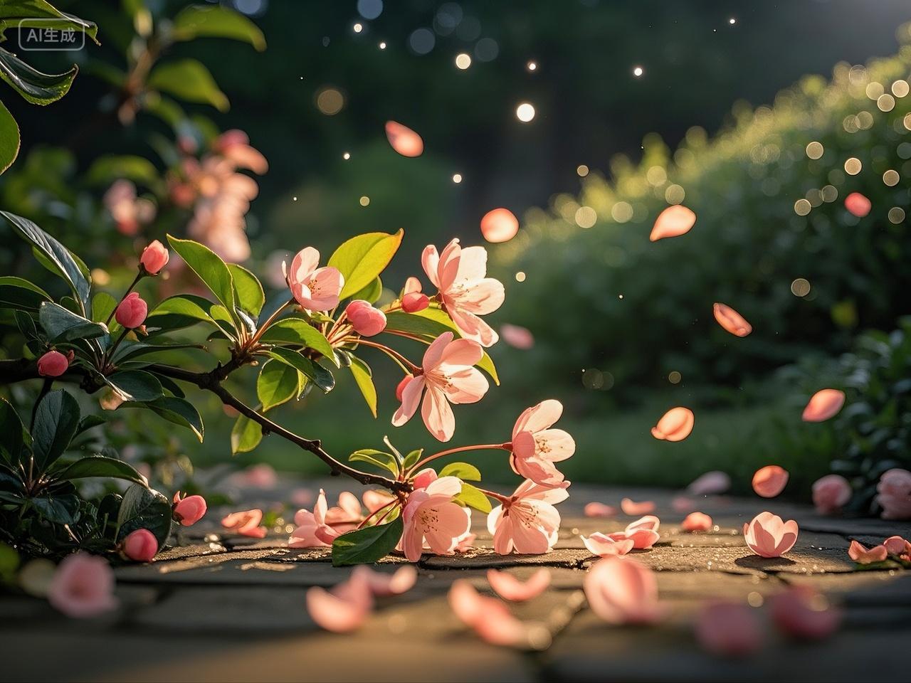 夕阳下海棠花花瓣飞舞氛围感梦幻4K