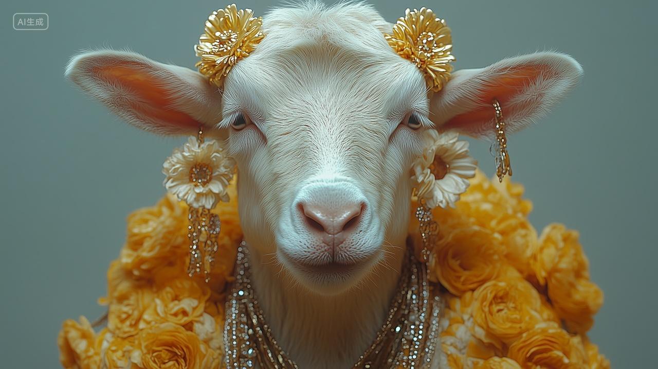 一只贵气的山羊穿着华丽的服装戴着耳饰商用动画设计游戏场景