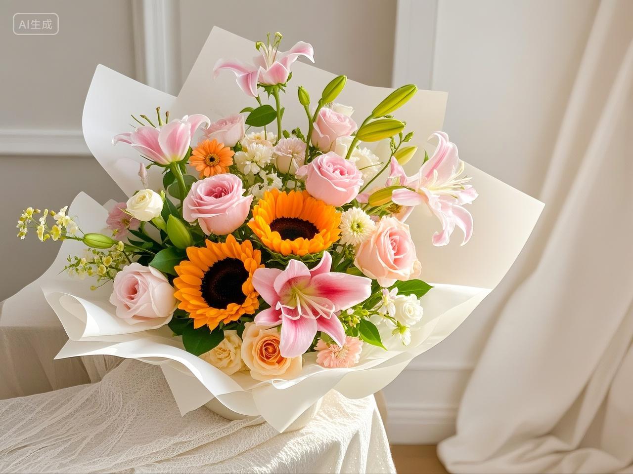 一束鲜花花束放在纯白的房间里简洁简雅小清新