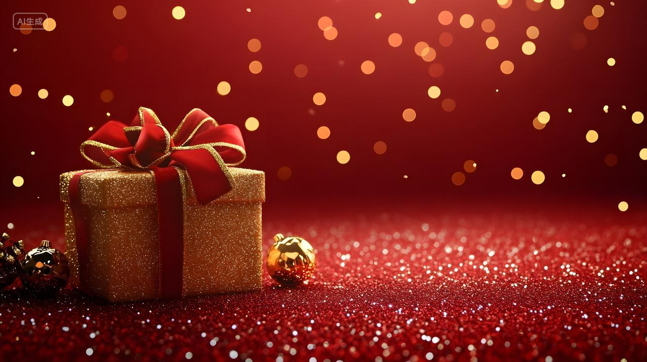 金色礼盒与红色丝带节庆礼品展示