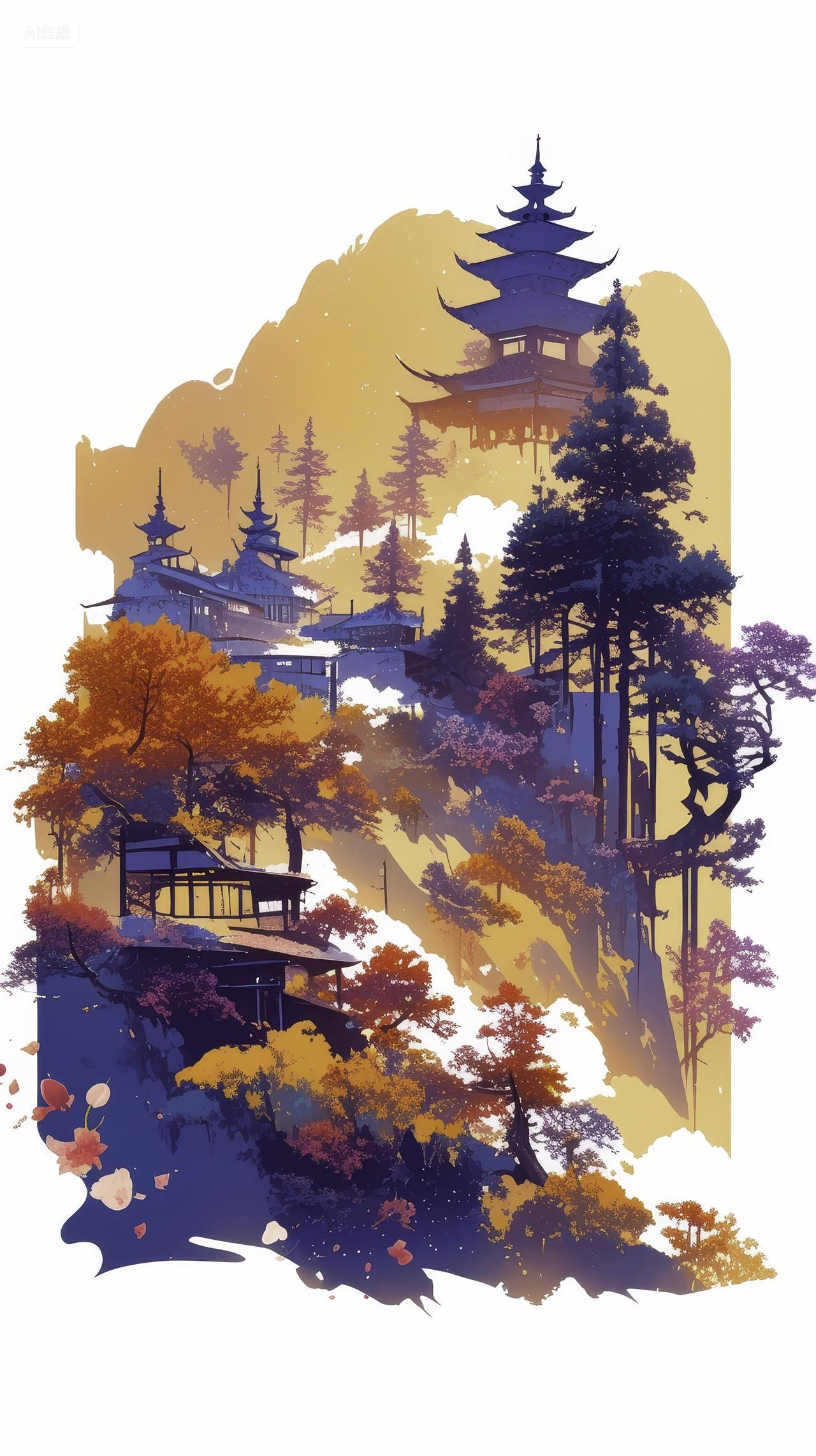 日落下的东方山间寺庙插画