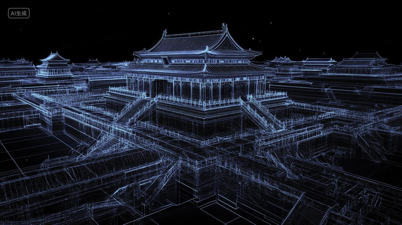 VR故宫数字线条互联网建筑透视线条科技感