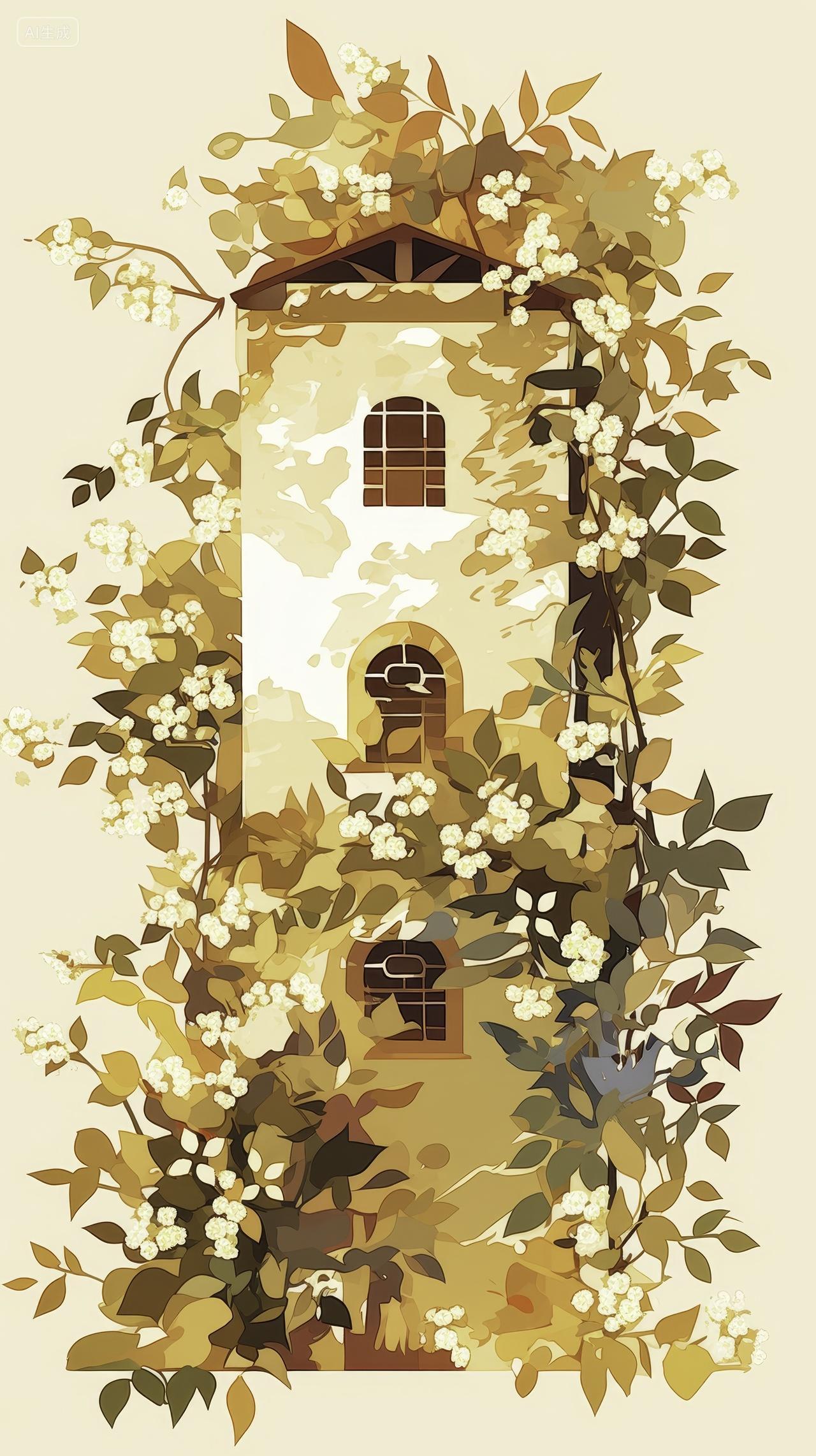 缠绕花卉的欧式建筑插画