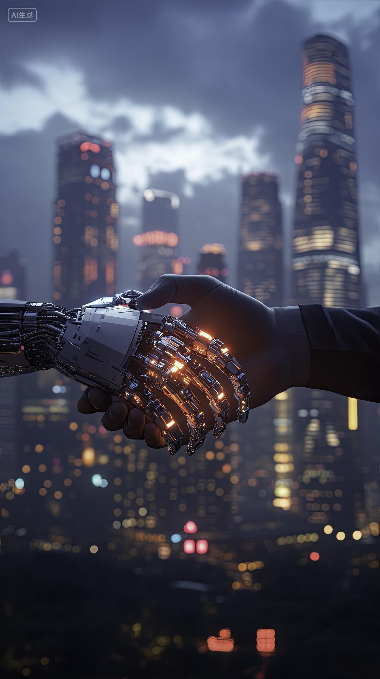 人类与机器人握手AI人工智能家政机器人