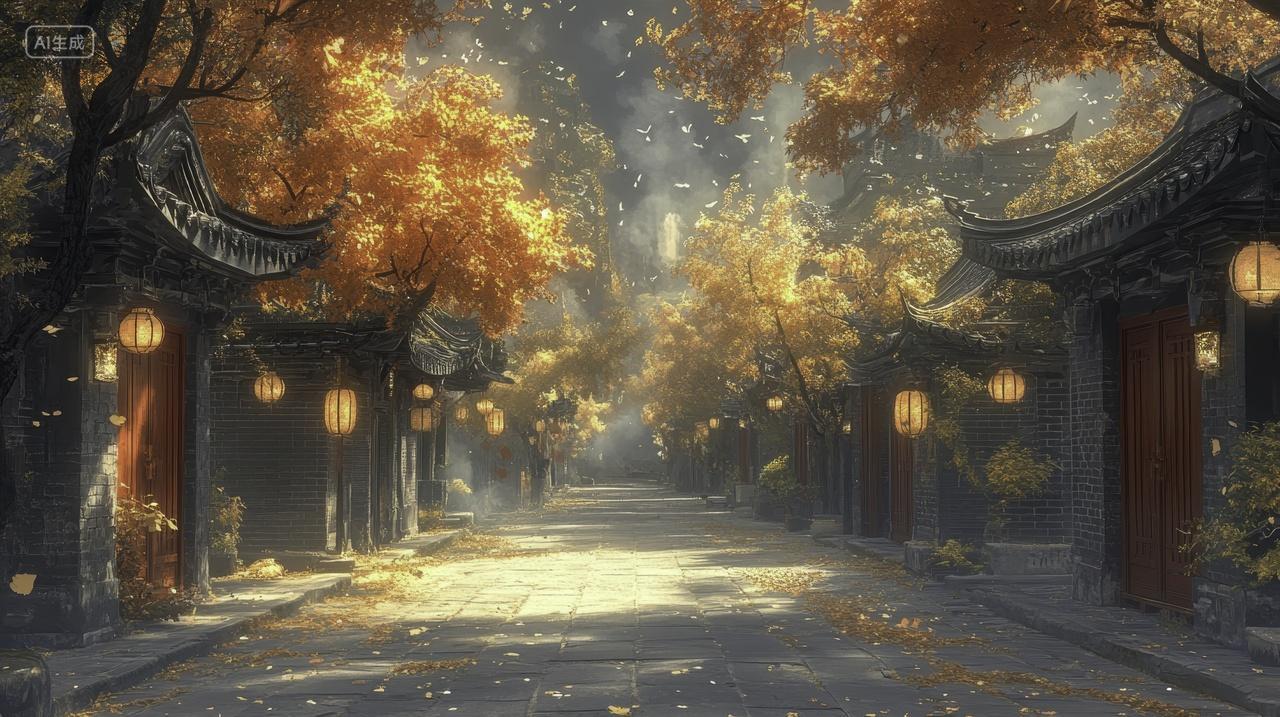 秋天的中式古镇街道与红灯笼背景素材