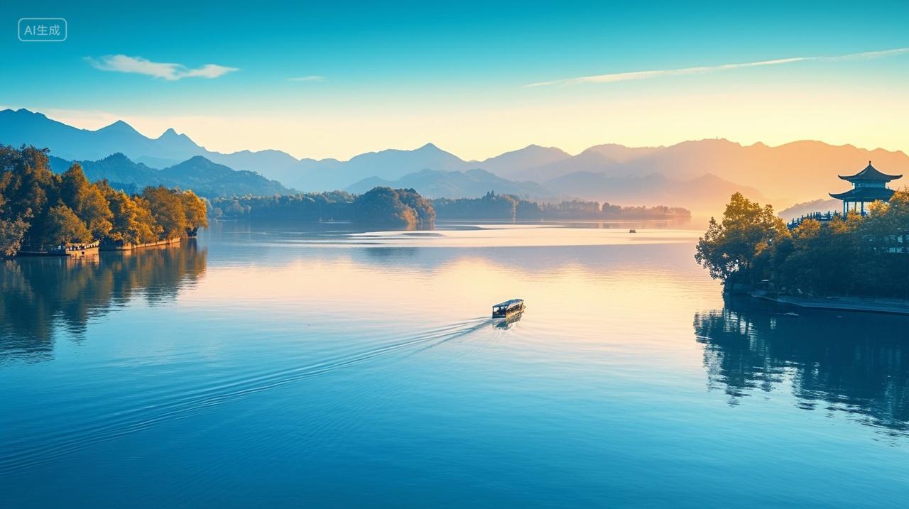 落日余晖将西湖山间景色映在水面船似在山里游走插画