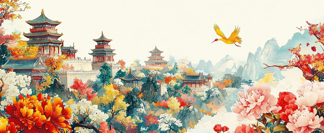 国潮山水建筑背景