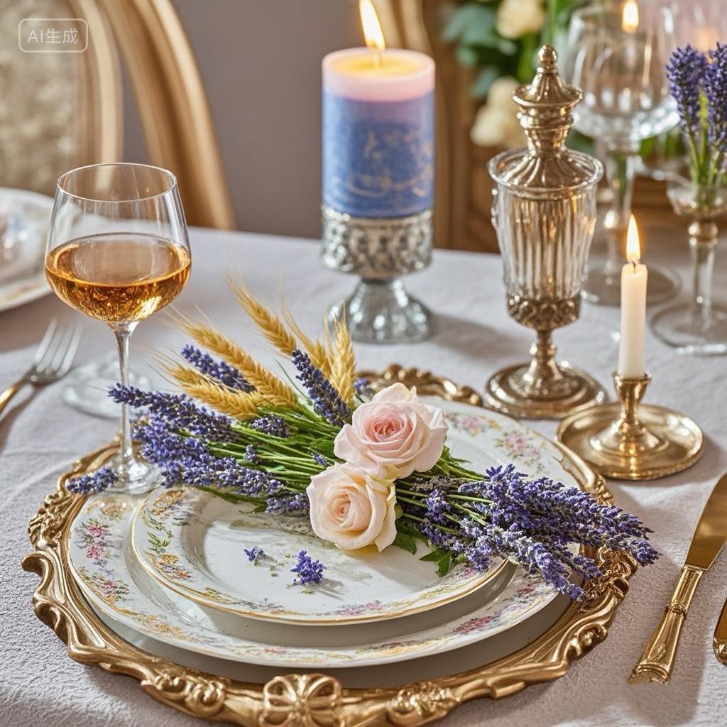 法式餐桌精致优雅餐具蜡烛酒杯植物自然之美薰衣草玫瑰