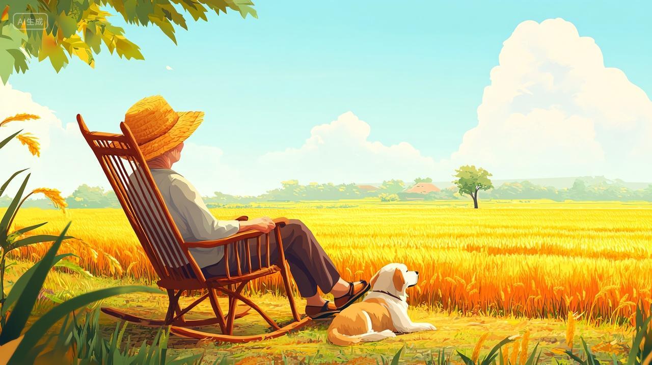 金黄的稻田边老人与狗的宁静午后插画