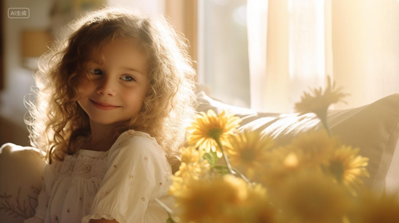 在逆光的房间里女孩微笑看着向日葵温暖插画