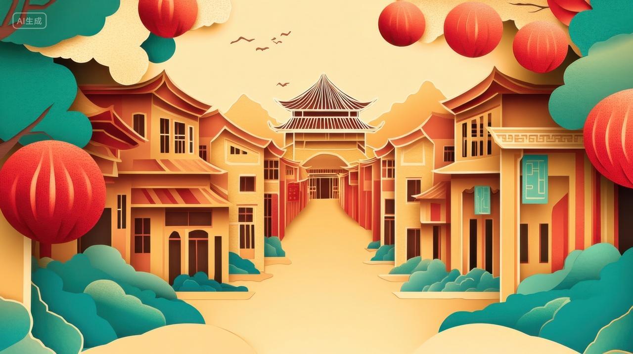 中国风街景剪纸插画