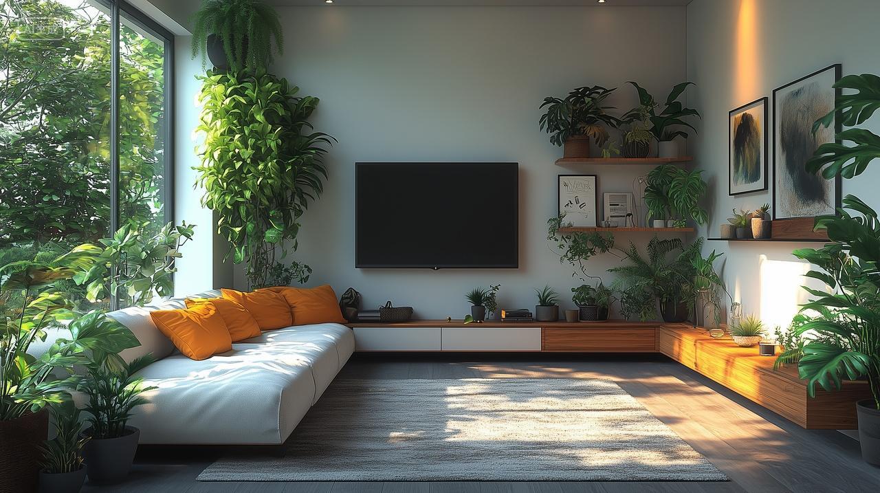 一间放有沙发电视盆景的客厅壁纸商用装修装饰设计