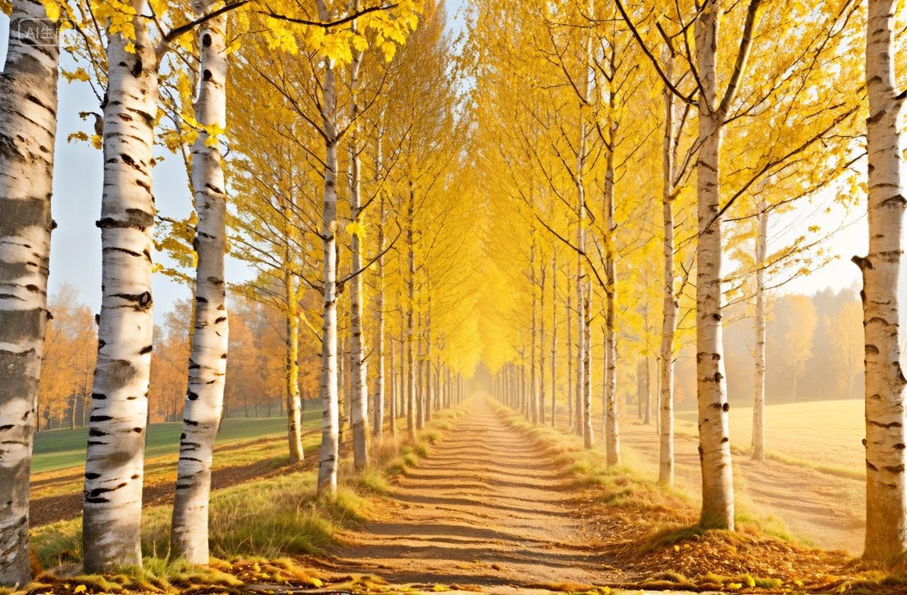 秋天金黄色的树林洒入一束光