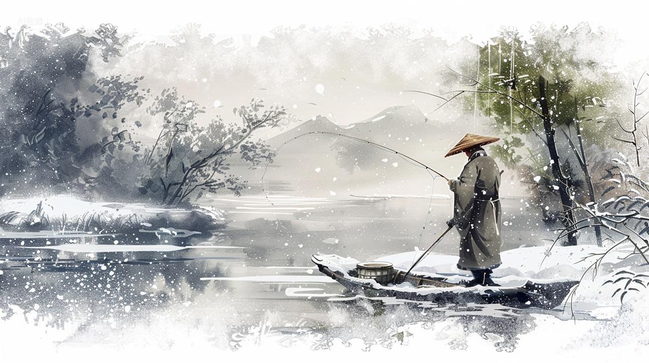 冬季老人孤舟独钓江岸蓑笠静立水墨画立冬大雪小雪小寒大寒插画