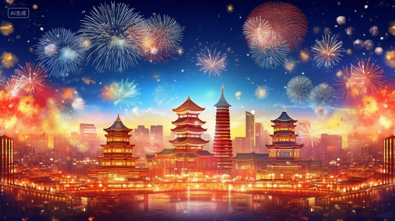 国庆节节日海报大促氛围活力热情国潮烟花除夕元旦春节插画