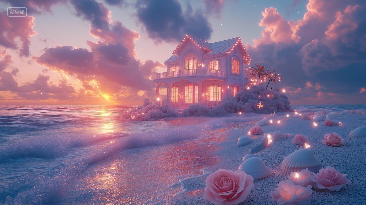 海边的粉色建筑房子壁纸商用风景插画