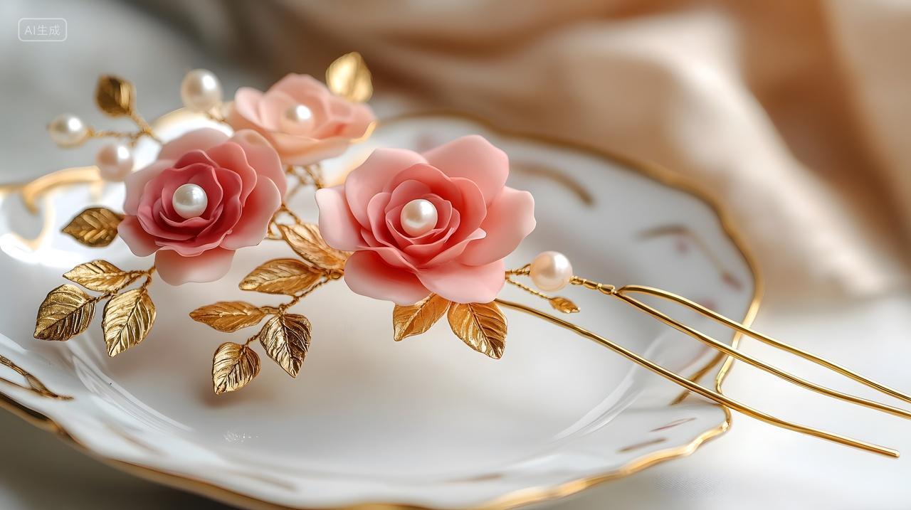 玫瑰花形珍珠饰品复古优雅摆拍图