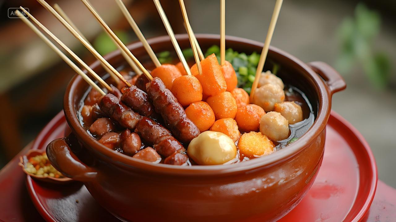 热气腾腾的串串锅丰盛多样的美食拼盘