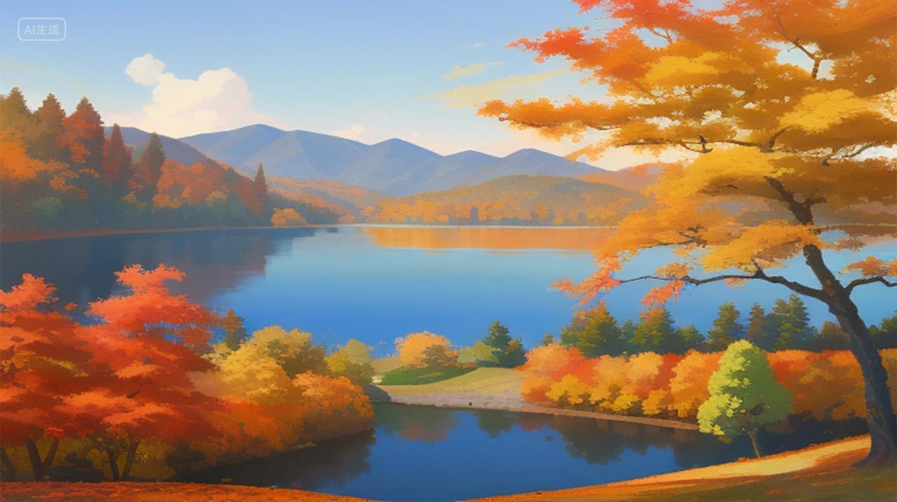 秋季枫树林金黄色枫叶清澈湖泊立秋秋节秋分秋天插画