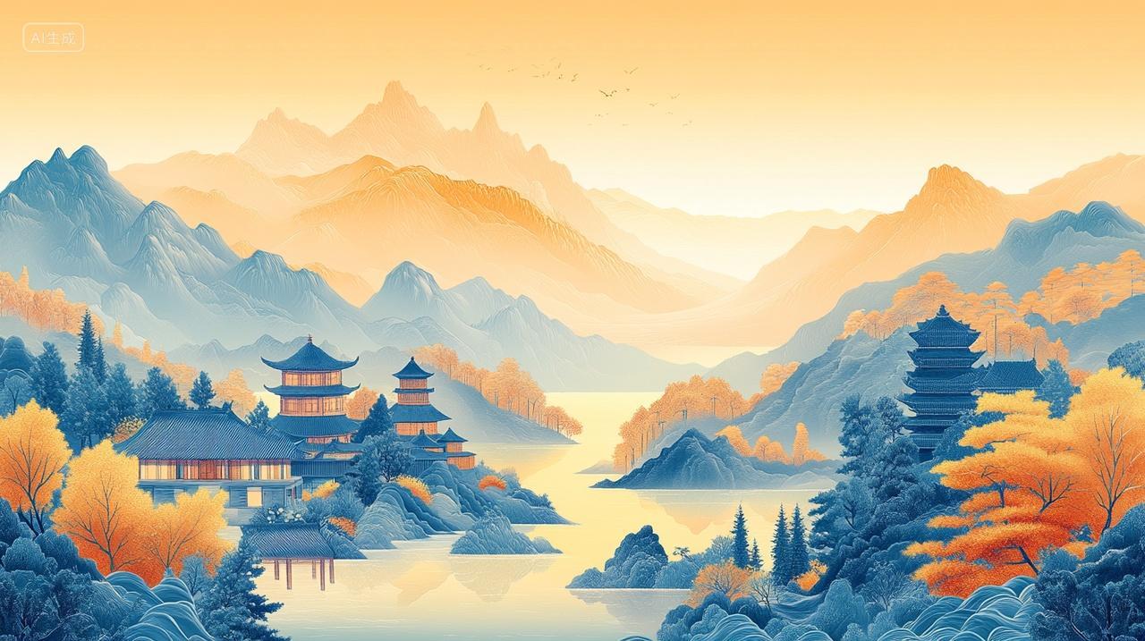 国庆节秋季山水画渐变天空湖泊秋色梯田云雾缭绕立秋秋分秋天插画