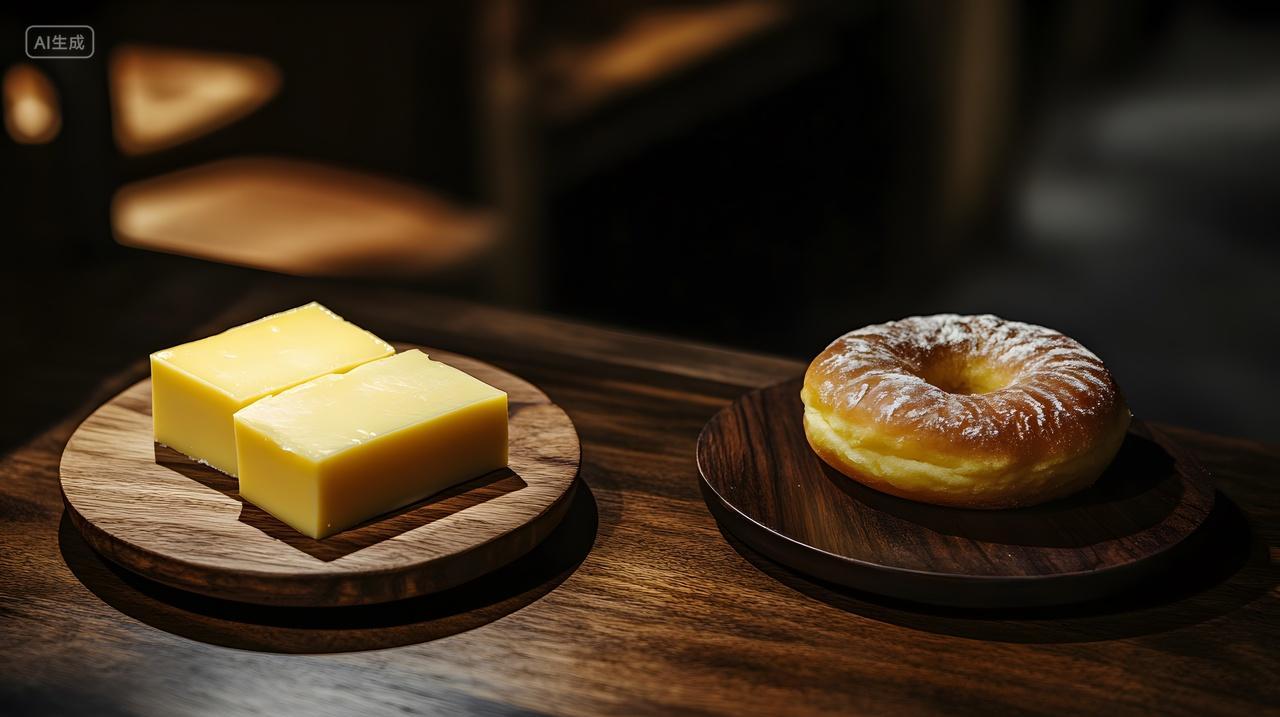 木盘上的黄油蛋糕与甜甜圈静物美食摄影